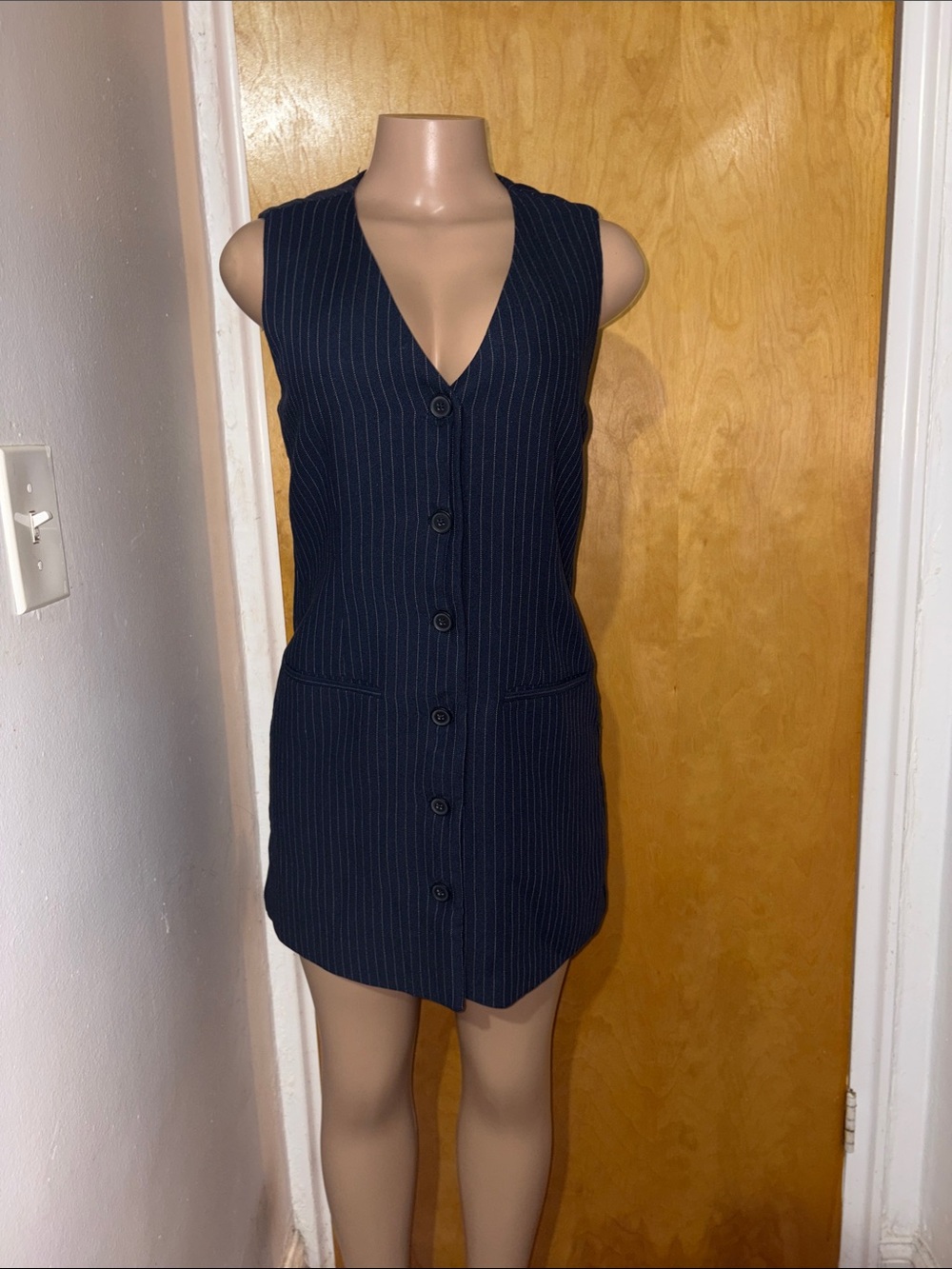 Abercrombie & Fitch Navy Pinstripe Button-Front Mini Dress - Picture 2 of 8